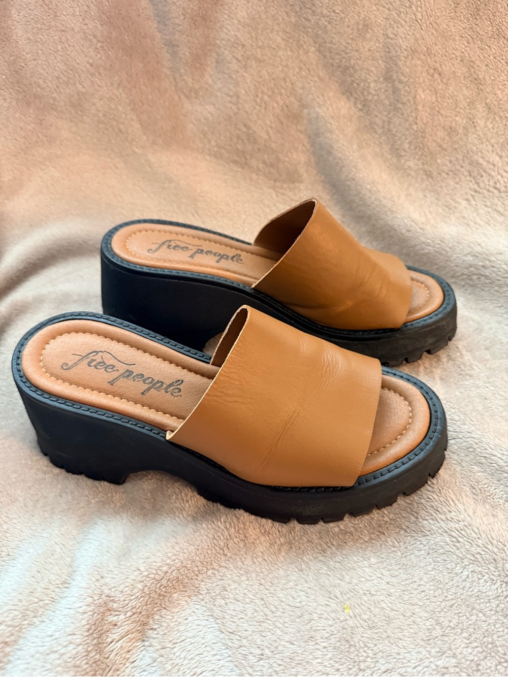 Free People Tan Leather Platform Slide Sandals